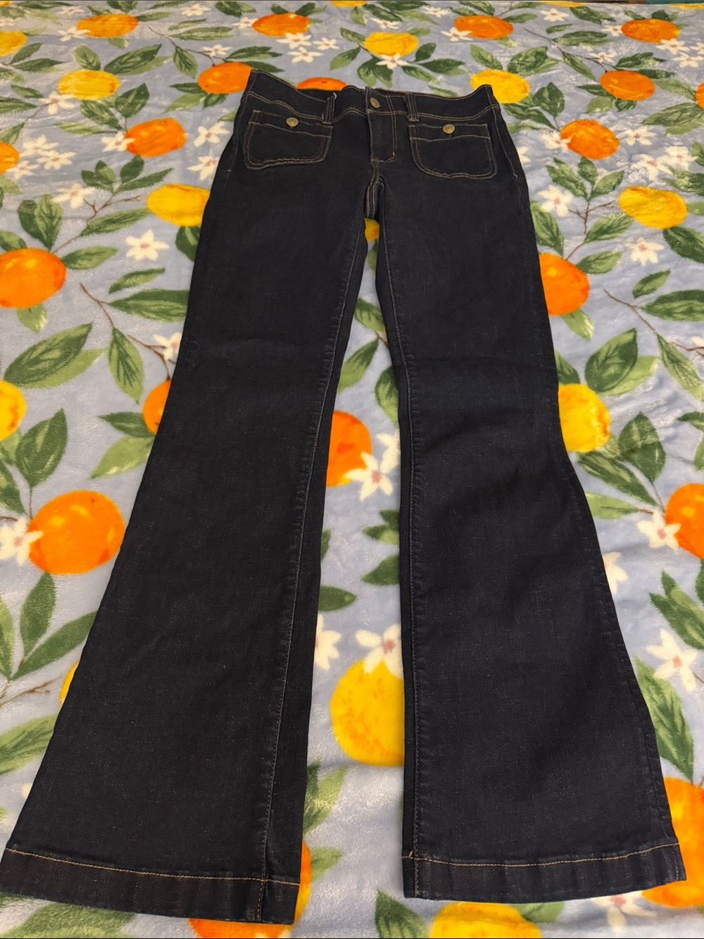 American Eagle Outfitters Dark Indigo Flared Jeans with Front Patch Pockets
